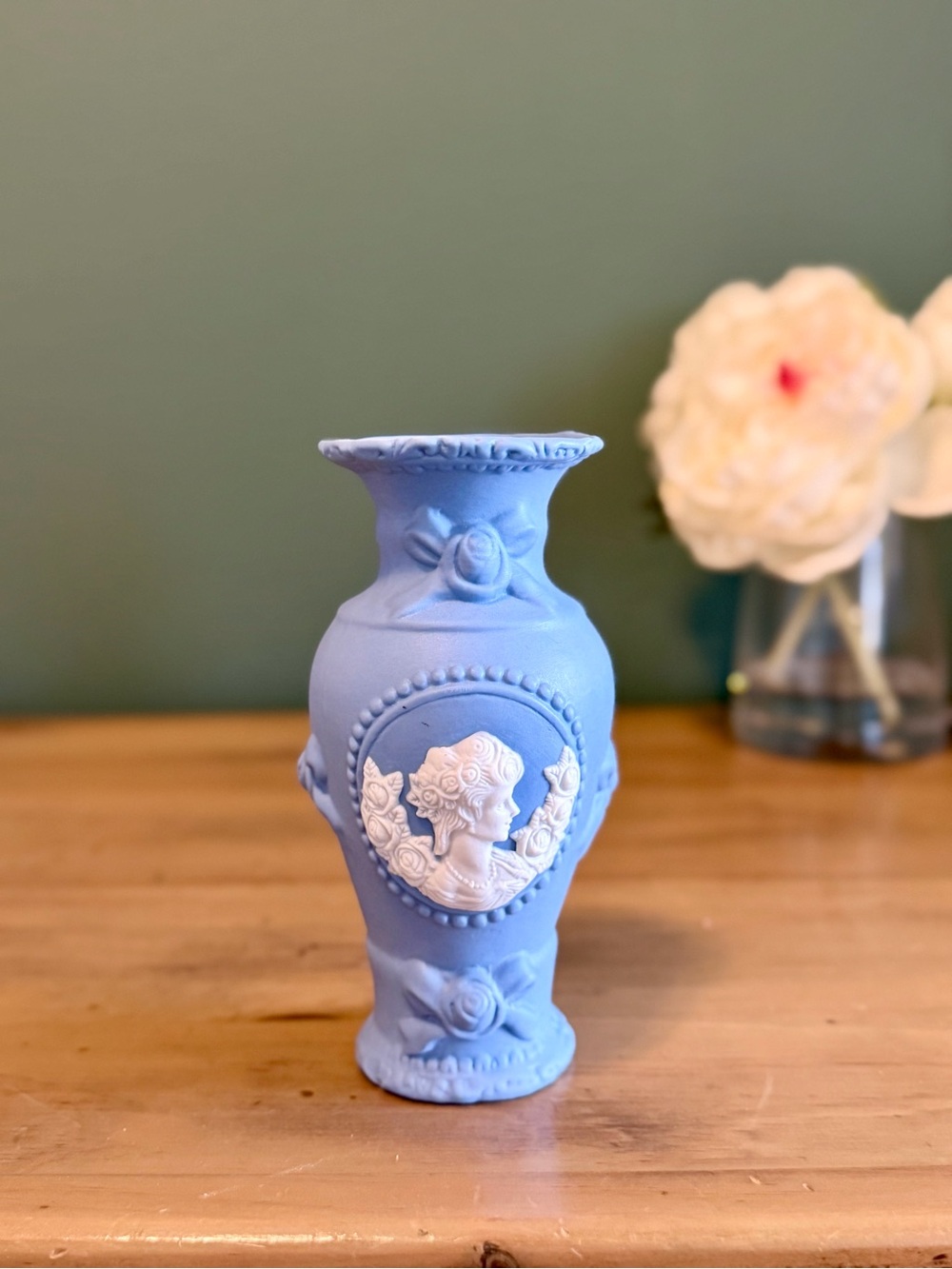 Blue Ceramic Cameo Vase with White Relief - Decorative Home Accent